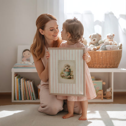 Printable wall art of a vintage hedgehog in a teacup with bonnet and books, pink striped background, cottagecore woodland nursery décor.