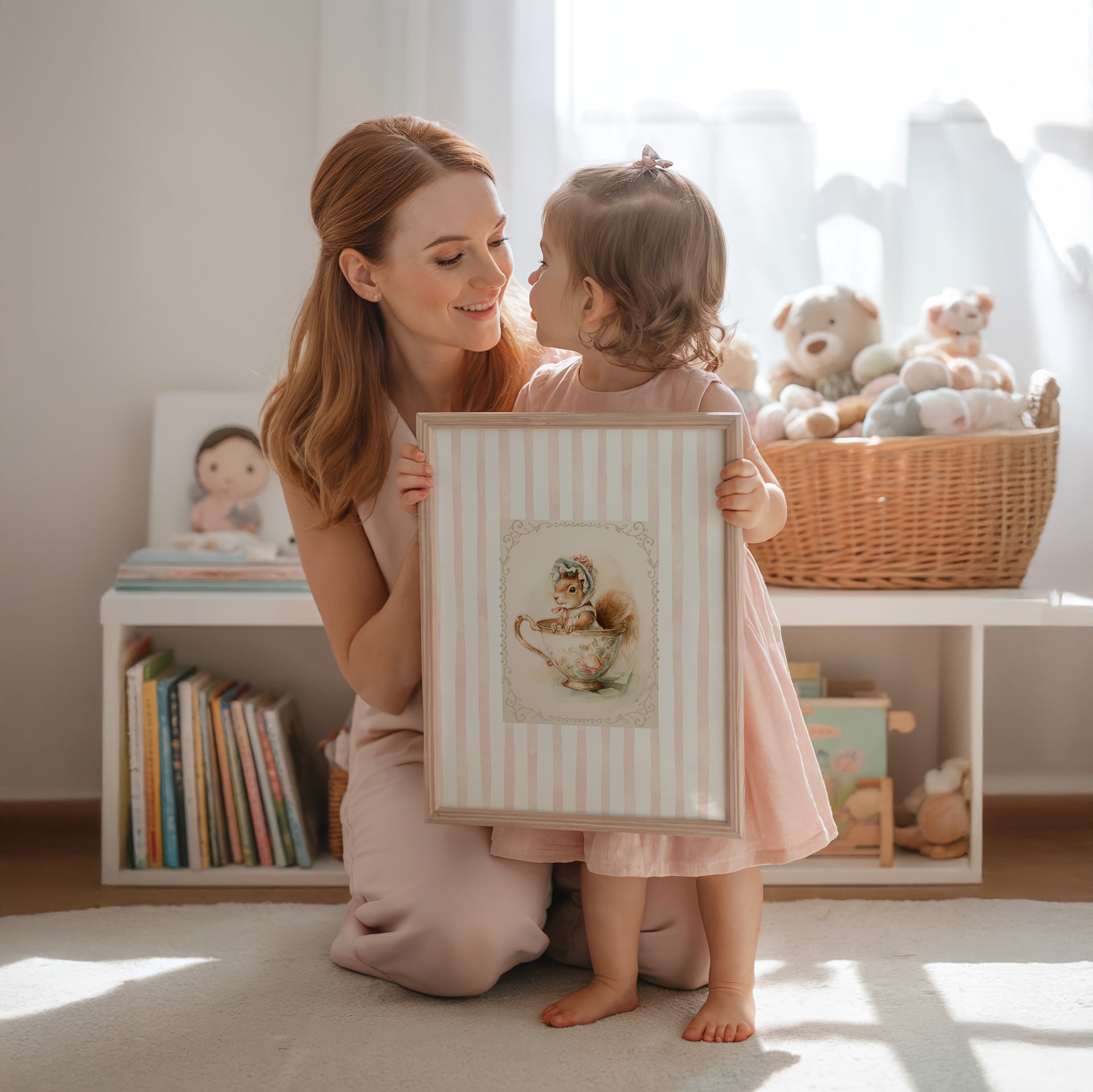 Printable nursery art of a vintage squirrel in a teacup with bonnet, pink stripe background, woodland animal theme for girl’s room.