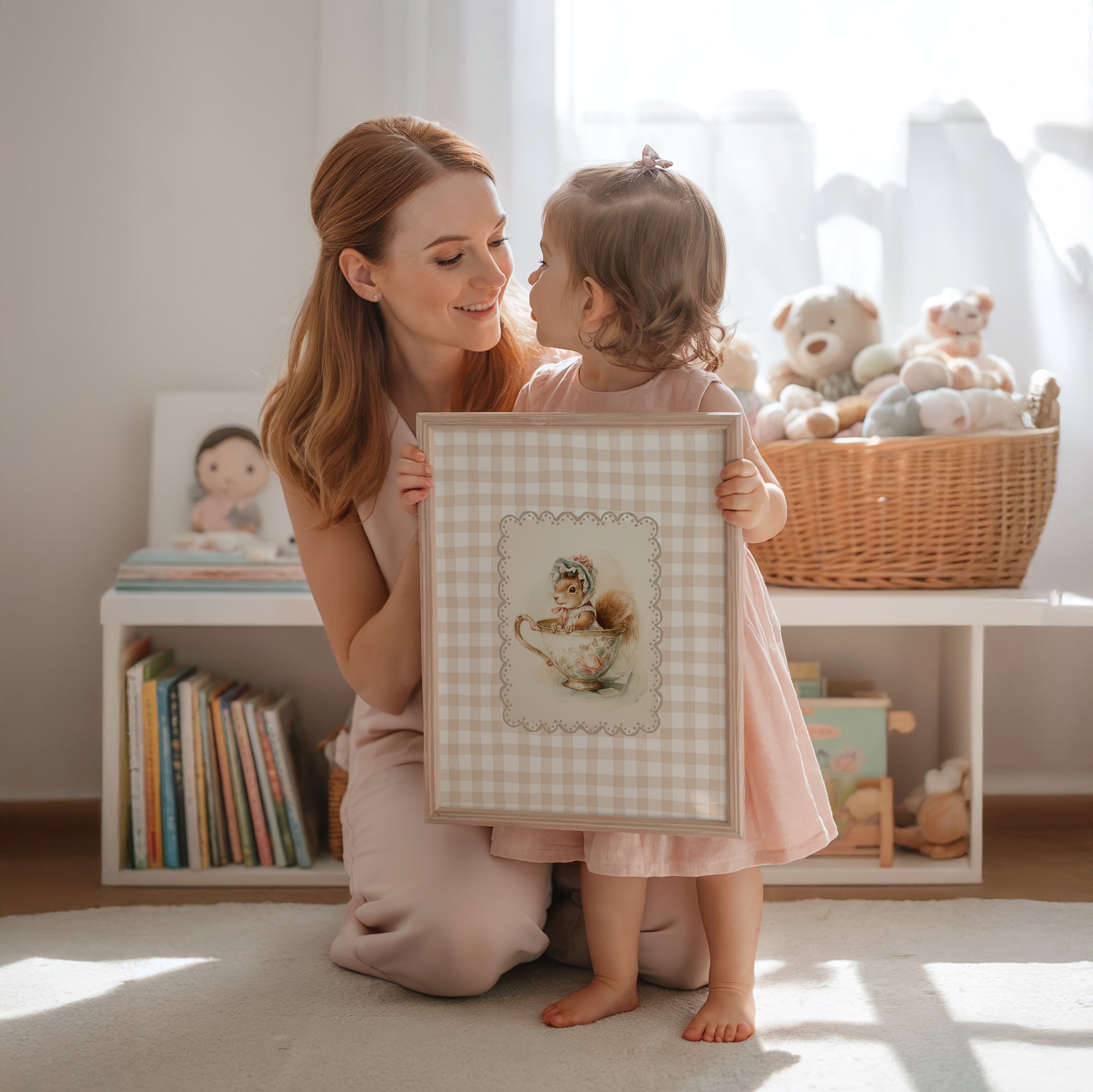 Woman and child holding a framed picture in a room with toys and books.
