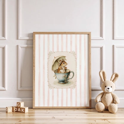 Printable nursery art of a vintage squirrel in a teacup with umbrella, pink striped background, woodland animal wall print for baby girl room.