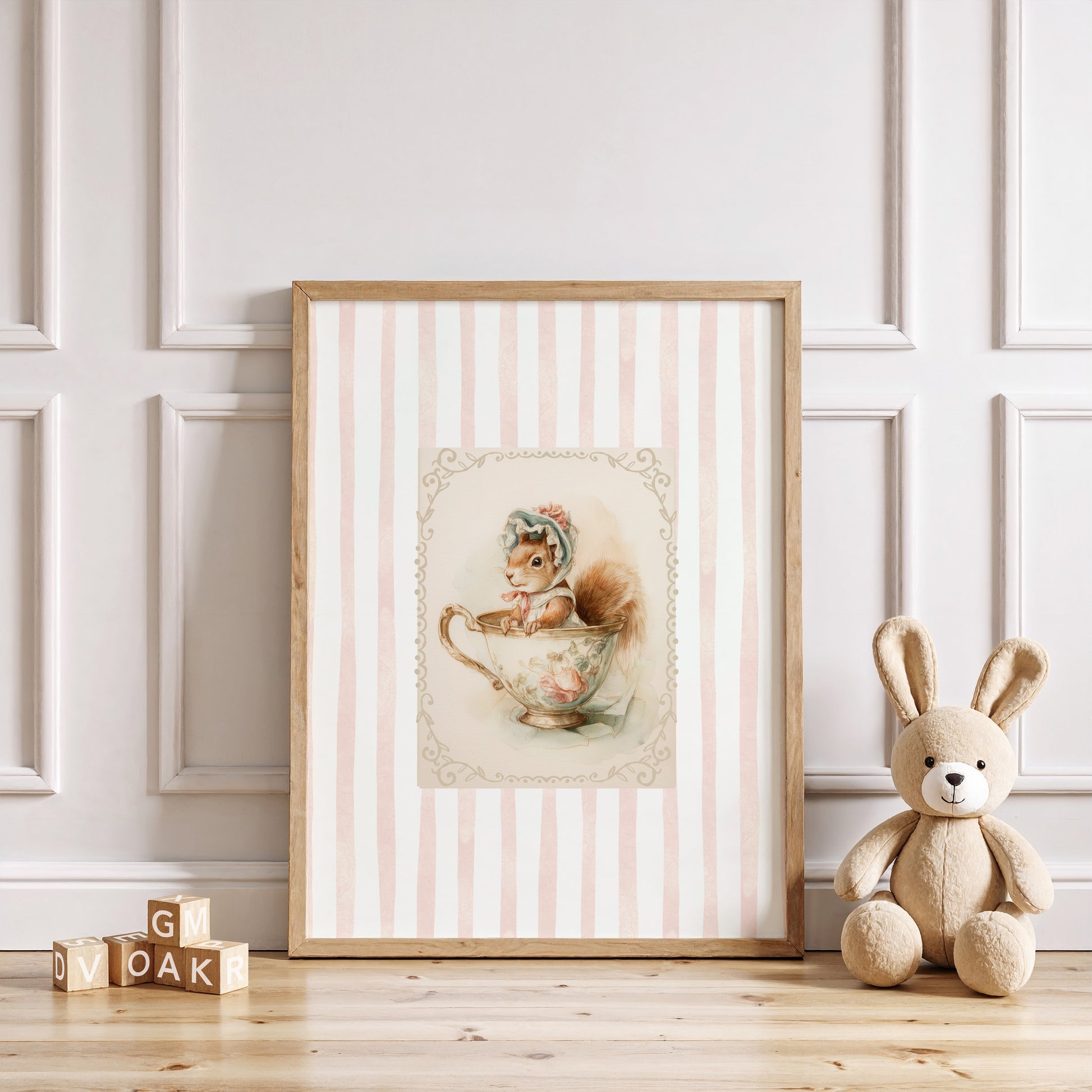 Printable nursery art of a vintage squirrel in a teacup with bonnet, pink stripe background, woodland animal theme for girl’s room.