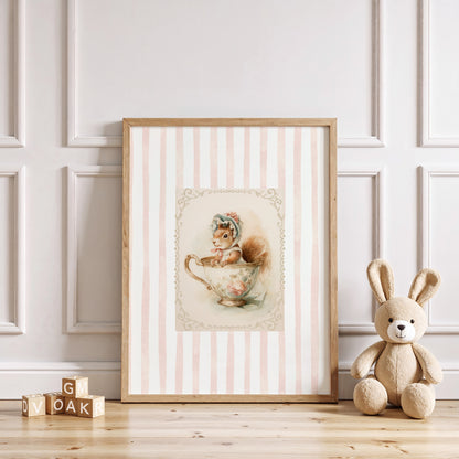Printable nursery art of a vintage squirrel in a teacup with bonnet, pink stripe background, woodland animal theme for girl’s room.