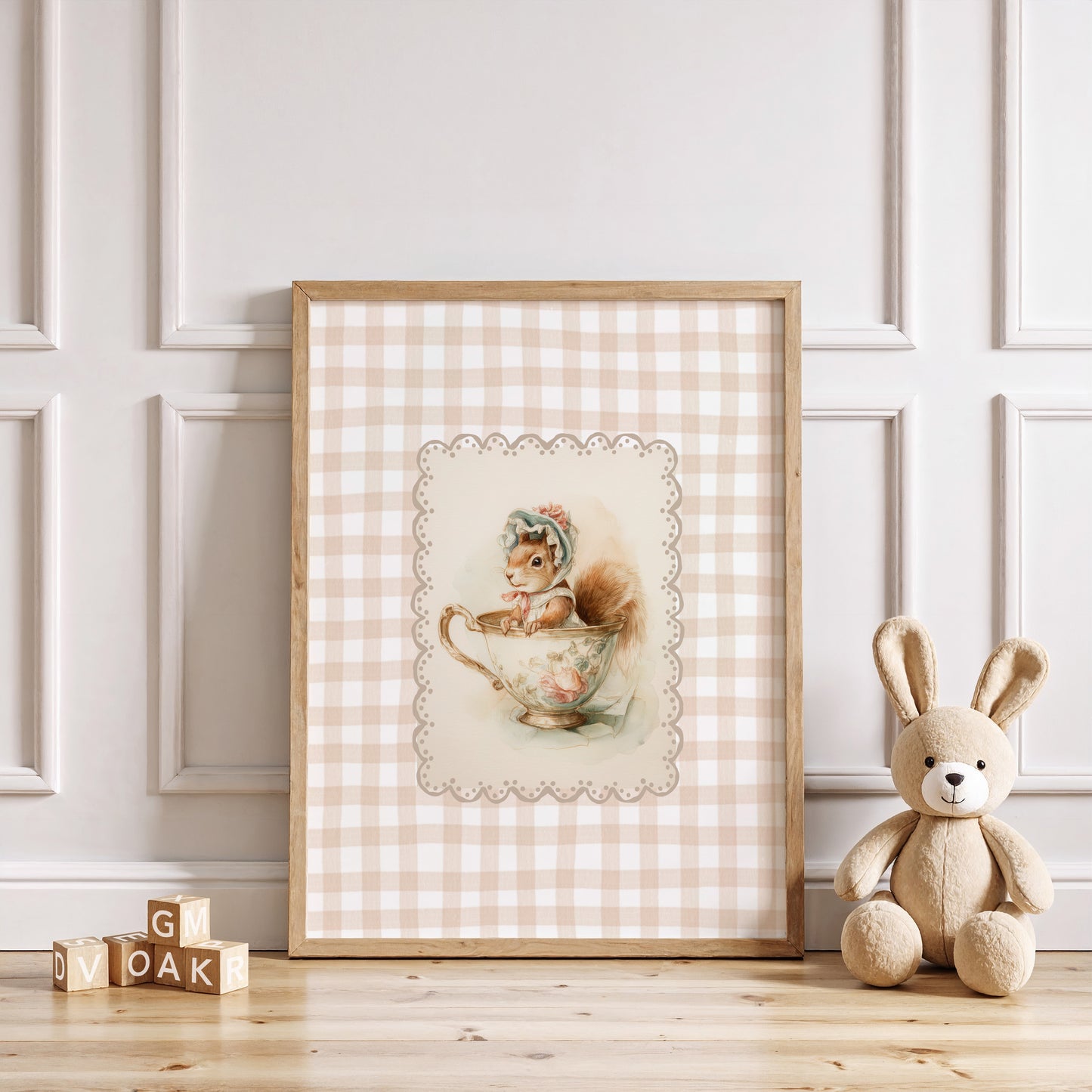 Vintage printable nursery art of a squirrel in a teacup with bonnet, beige gingham background, woodland animal wall decor.