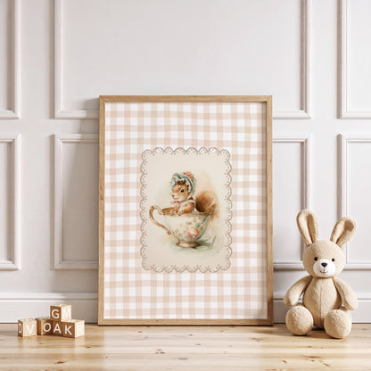 Vintage printable nursery art of a squirrel in a teacup with bonnet, beige gingham background, woodland animal wall decor.