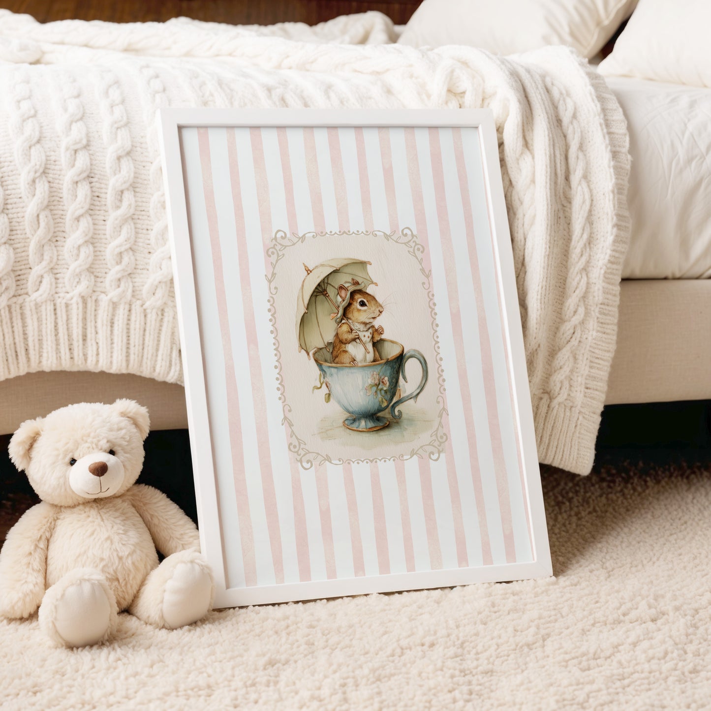 Printable nursery art of a vintage squirrel in a teacup with umbrella, pink striped background, woodland animal wall print for baby girl room.