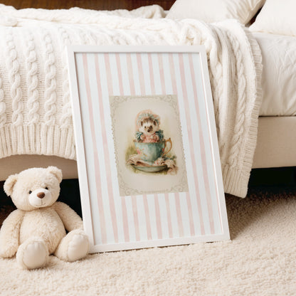 Printable wall art of a vintage hedgehog in a teacup with bonnet and books, pink striped background, cottagecore woodland nursery décor.