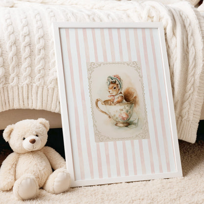 Printable nursery art of a vintage squirrel in a teacup with bonnet, pink stripe background, woodland animal theme for girl’s room.