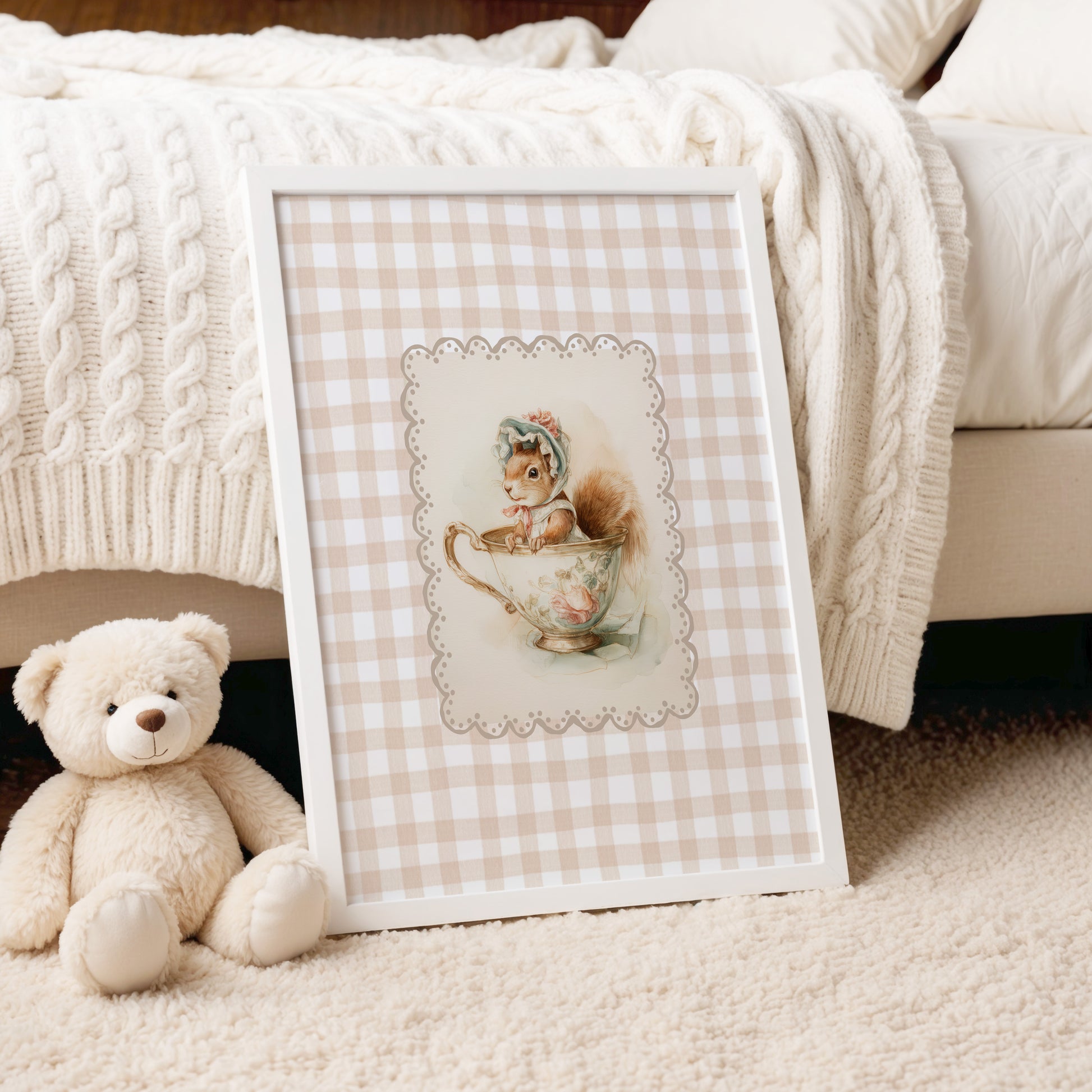 Vintage printable nursery art of a squirrel in a teacup with bonnet, beige gingham background, woodland animal wall decor.