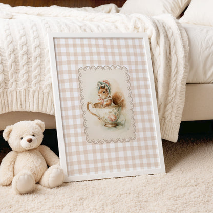 Vintage printable nursery art of a squirrel in a teacup with bonnet, beige gingham background, woodland animal wall decor.