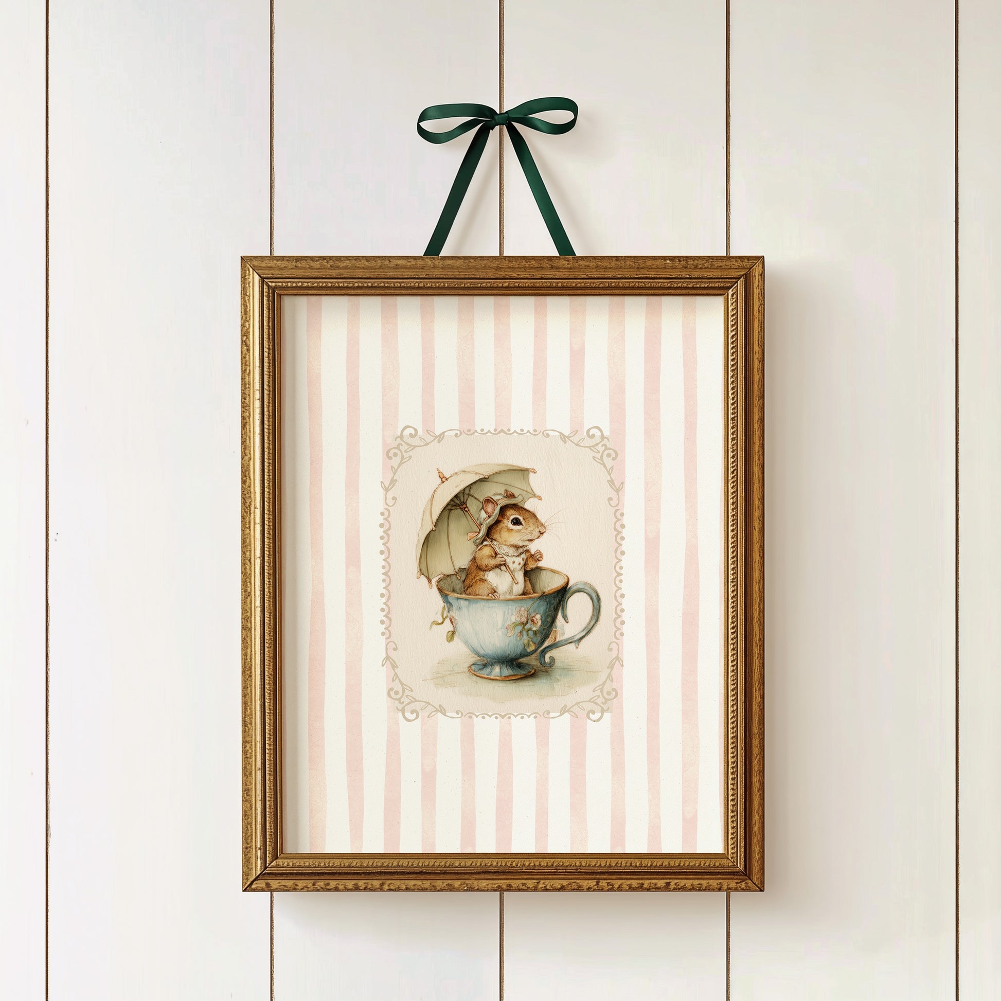 Printable nursery art of a vintage squirrel in a teacup with umbrella, pink striped background, woodland animal wall print for baby girl room.