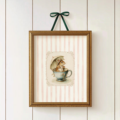 Printable nursery art of a vintage squirrel in a teacup with umbrella, pink striped background, woodland animal wall print for baby girl room.