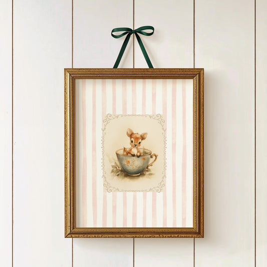 Printable nursery art with baby deer in vintage teacup, pink striped background, woodland animal theme for baby girl nursery wall decor.
