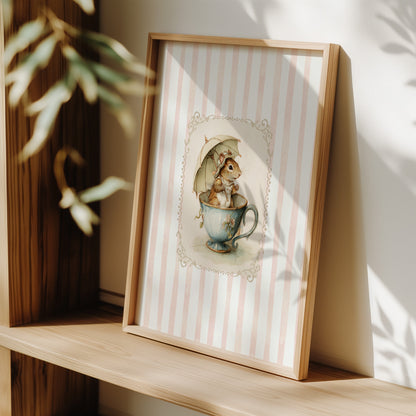 Printable nursery art of a vintage squirrel in a teacup with umbrella, pink striped background, woodland animal wall print for baby girl room.