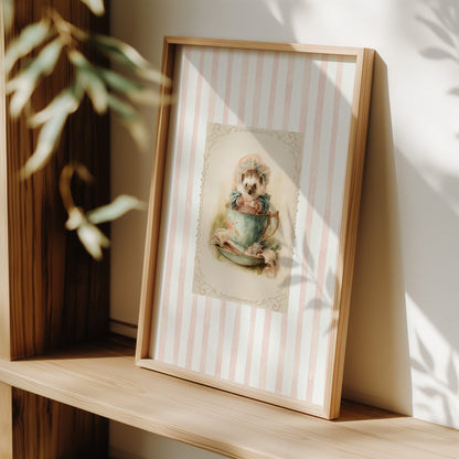 Printable wall art of a vintage hedgehog in a teacup with bonnet and books, pink striped background, cottagecore woodland nursery décor.