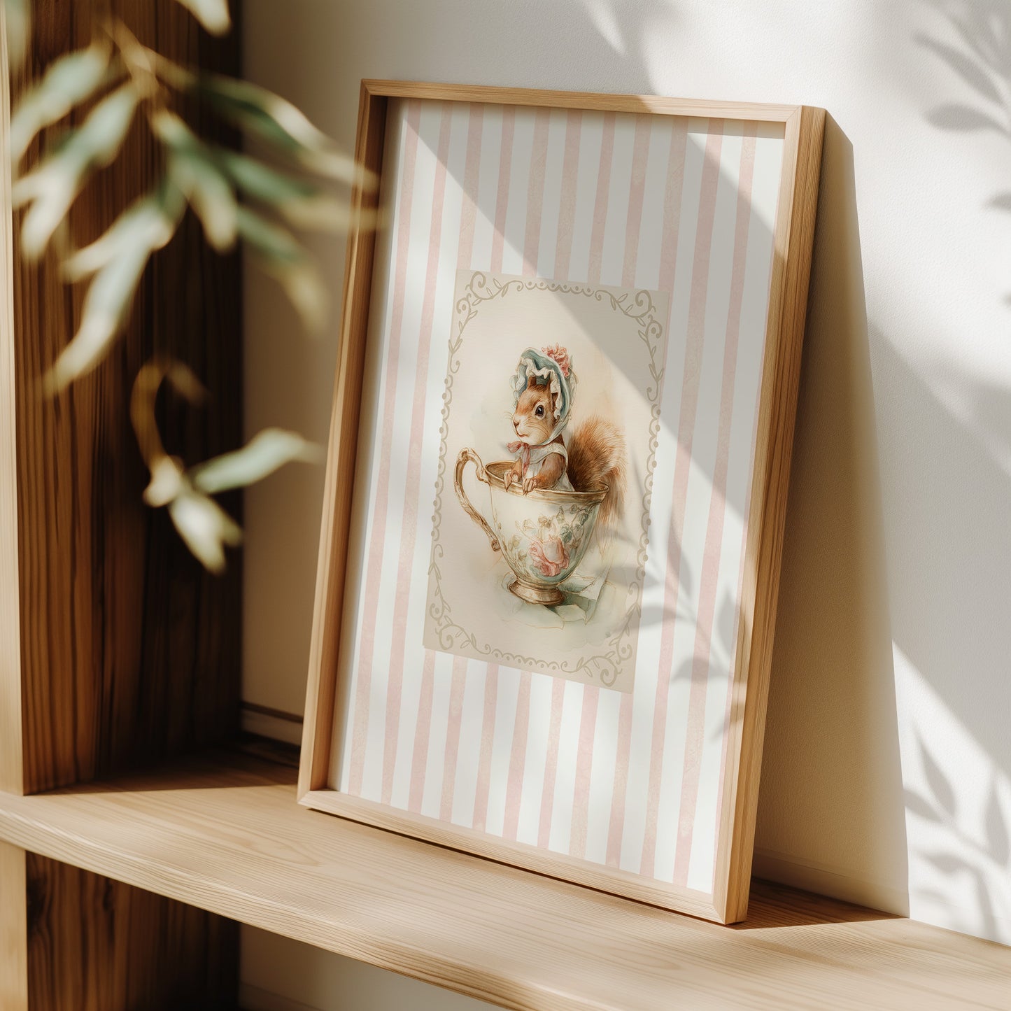 Printable nursery art of a vintage squirrel in a teacup with bonnet, pink stripe background, woodland animal theme for girl’s room.