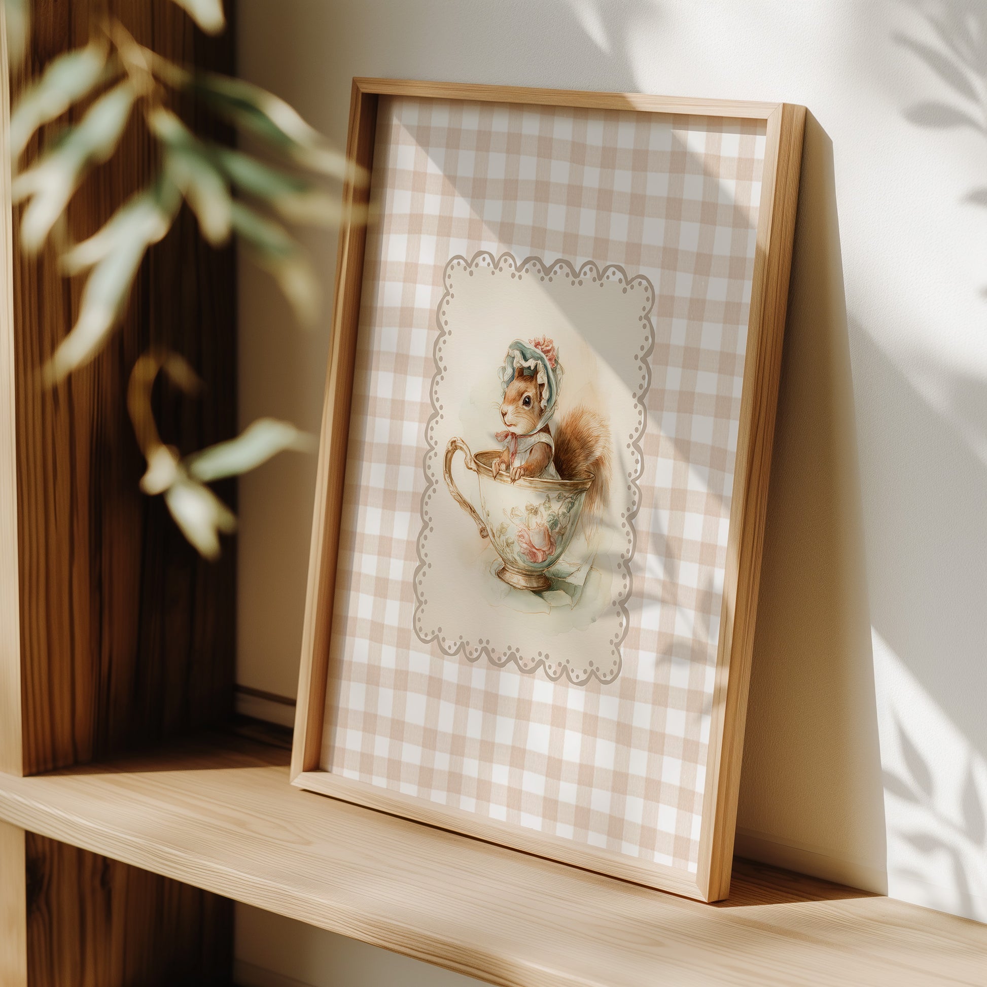 Vintage printable nursery art of a squirrel in a teacup with bonnet, beige gingham background, woodland animal wall decor.