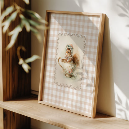 Vintage printable nursery art of a squirrel in a teacup with bonnet, beige gingham background, woodland animal wall decor.
