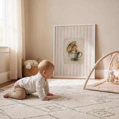 Printable nursery art of a vintage squirrel in a teacup with umbrella, pink striped background, woodland animal wall print for baby girl room.