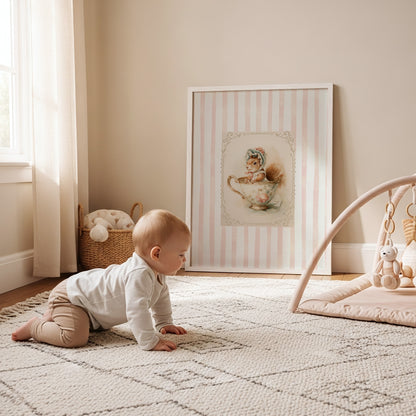 Printable nursery art of a vintage squirrel in a teacup with bonnet, pink stripe background, woodland animal theme for girl’s room.