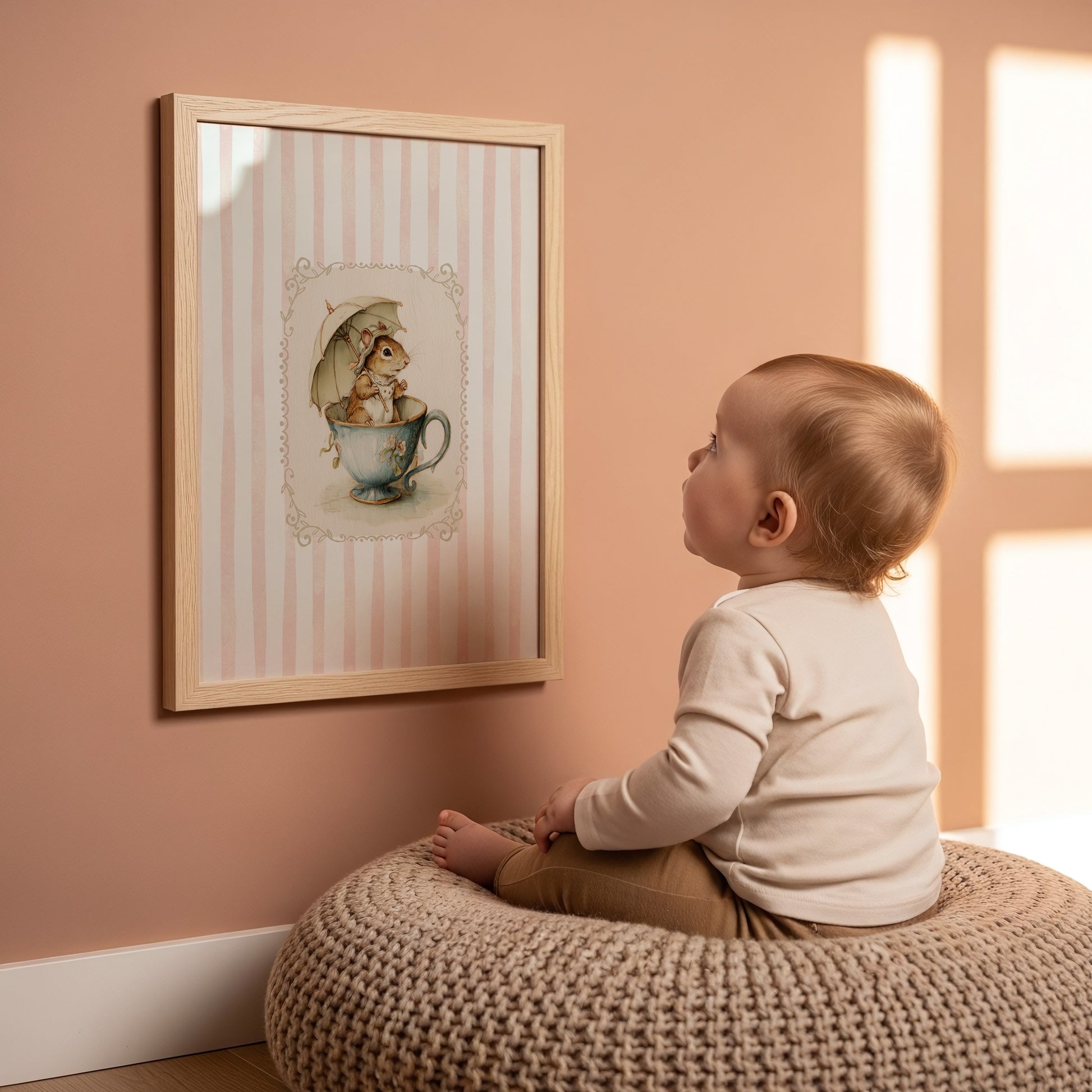 Printable nursery art of a vintage squirrel in a teacup with umbrella, pink striped background, woodland animal wall print for baby girl room.