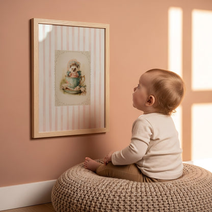 Printable wall art of a vintage hedgehog in a teacup with bonnet and books, pink striped background, cottagecore woodland nursery décor.