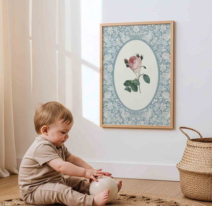 Vintage Pink Rose Bouquet on Blue - Set of 3