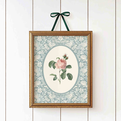 Vintage Pink Rose Bouquet on Blue - Set of 3