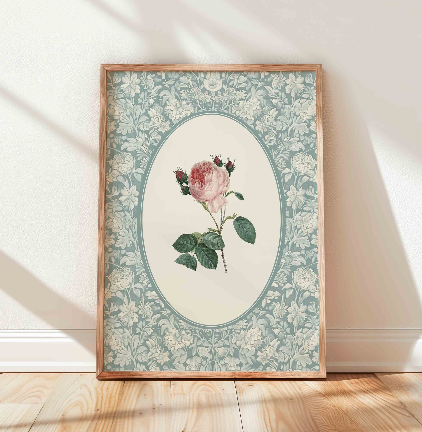 Vintage Pink Rose Bouquet on Blue - Set of 3