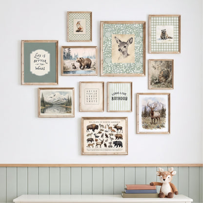 11 piece vintage woodland nursery gallery wall set featuring sage green forest animals, typography, and wildlife posters