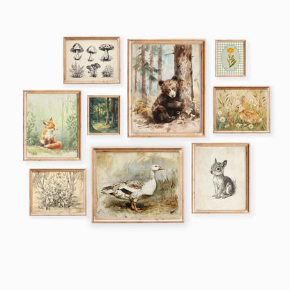 Vintage woodland nursery wall art set of 9 prints with animals, flowers, and forest nature scenes in soft earthy colors for kids’ room décor.