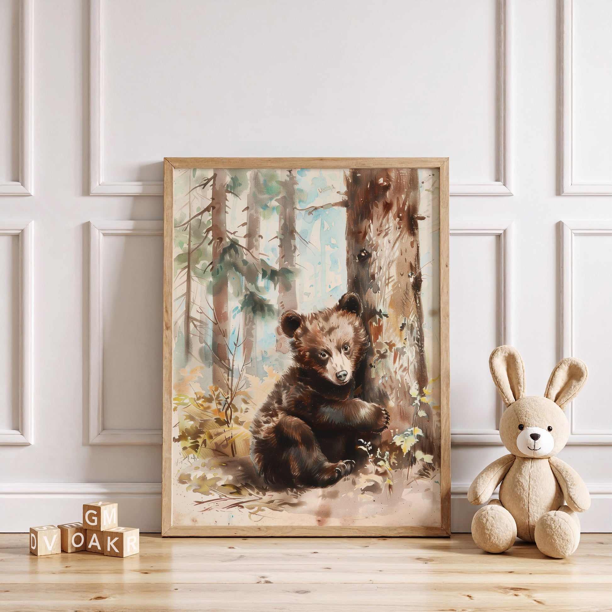 Vintage woodland nursery wall art set of 9 prints with animals, flowers, and forest nature scenes in soft earthy colors for kids’ room décor.