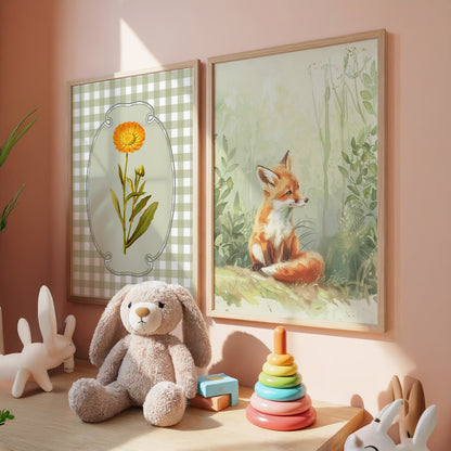 Vintage woodland nursery wall art set of 9 prints with animals, flowers, and forest nature scenes in soft earthy colors for kids’ room décor.