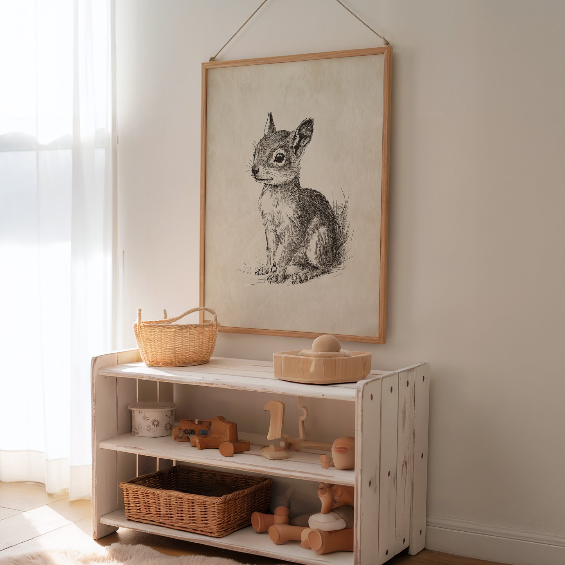 Antique style forest bird print for a gender neutral nostalgic nursery room