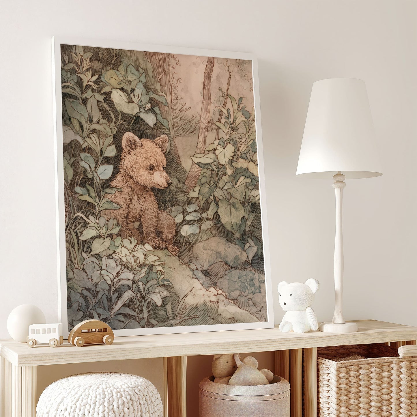 Antique wildlife scene print in warm earth tones for a nature nursery room