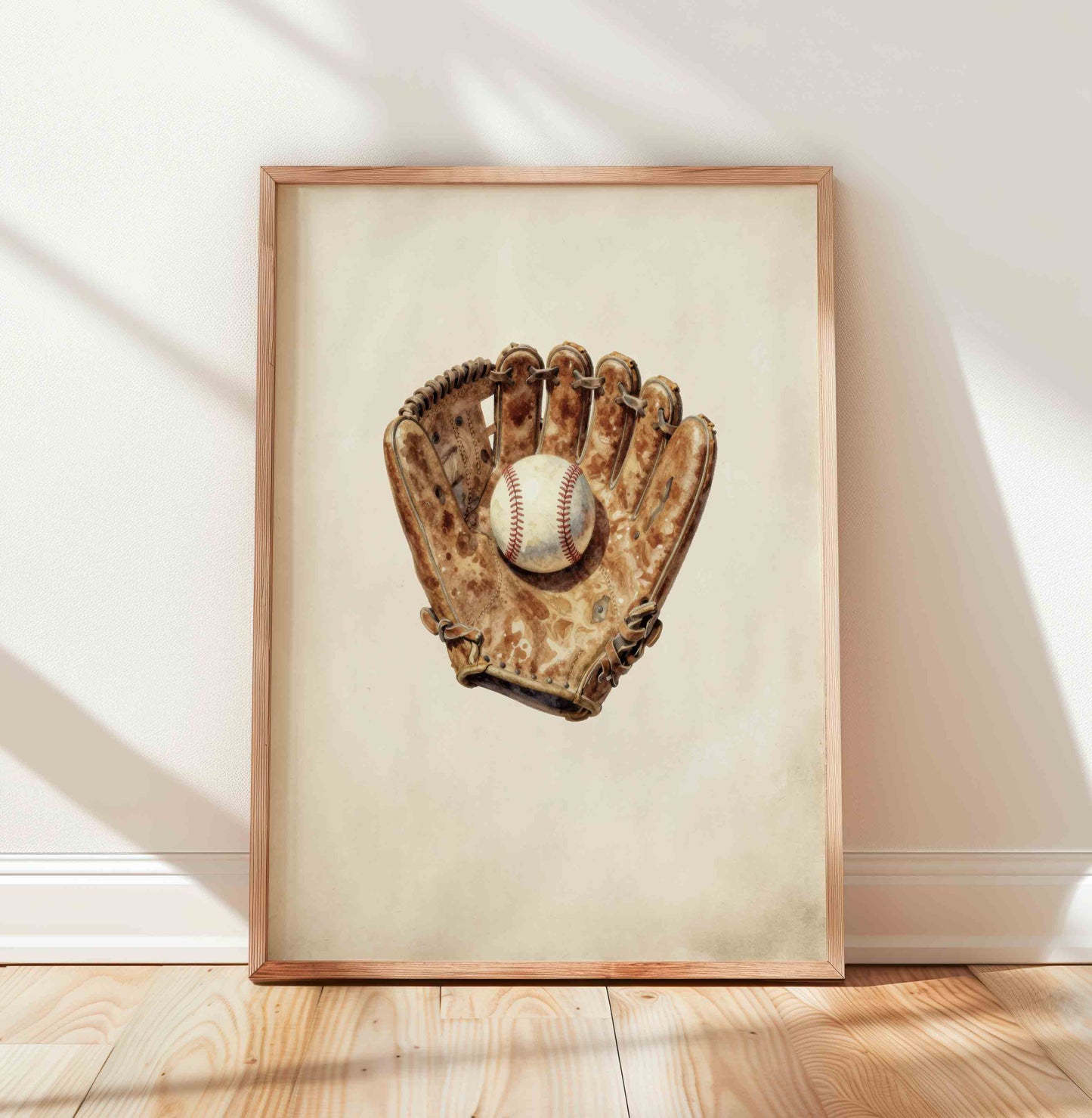 Watercolor baseball cap and mitt print for a vintage boys nursery wall