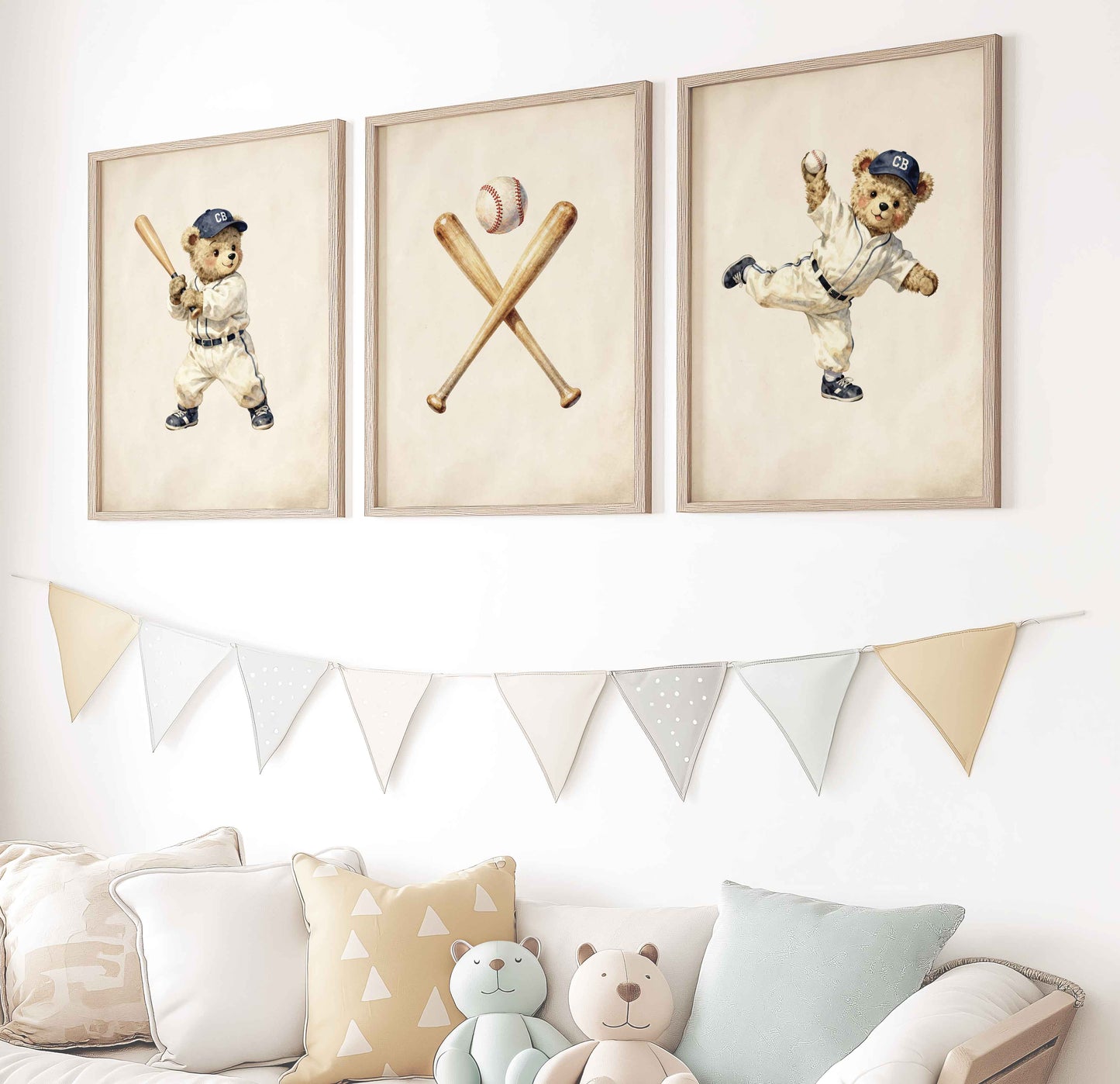 Baseball teddy bear nursery wall art set of 3 boys room printable