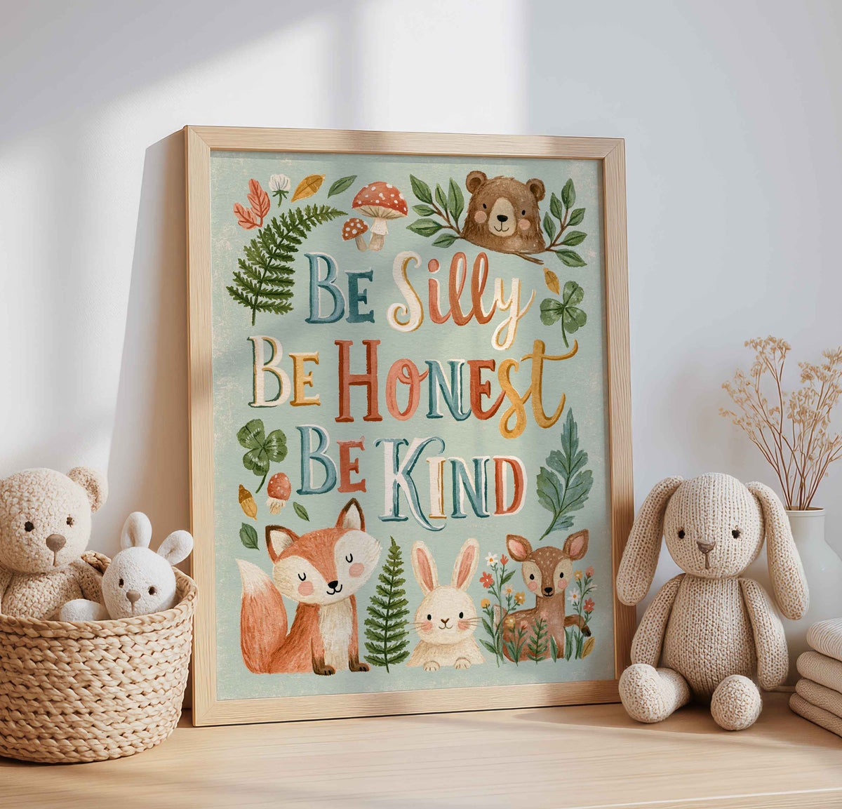 Be Silly Be Honest Be Kind in hand lettering on a retro woodland animal wall art print