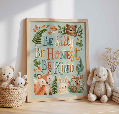 Be Silly Be Honest Be Kind in hand lettering on a retro woodland animal wall art print