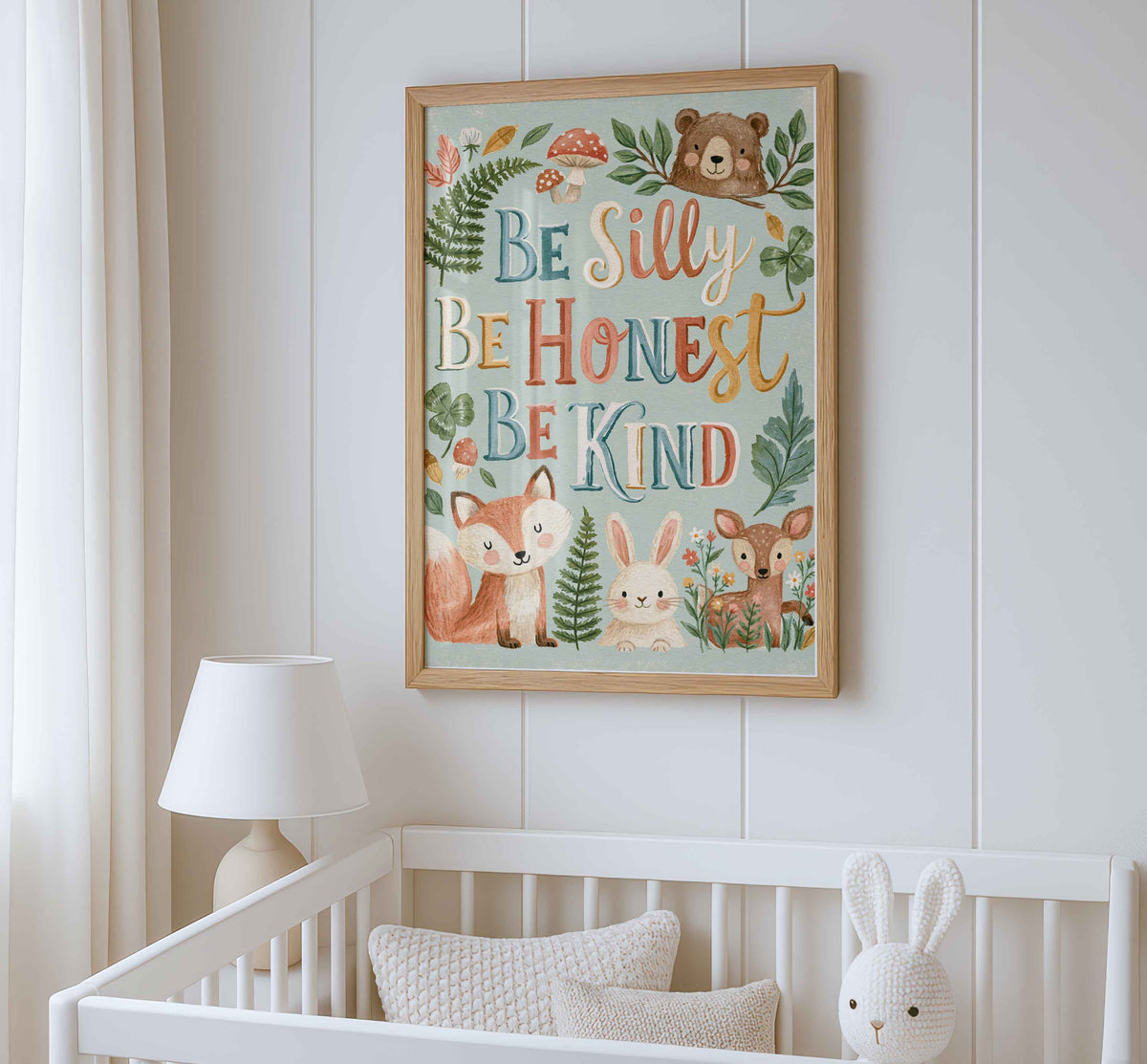 Retro wall art featuring a fox, a bunny, a fawn and a bear peeking over a branch