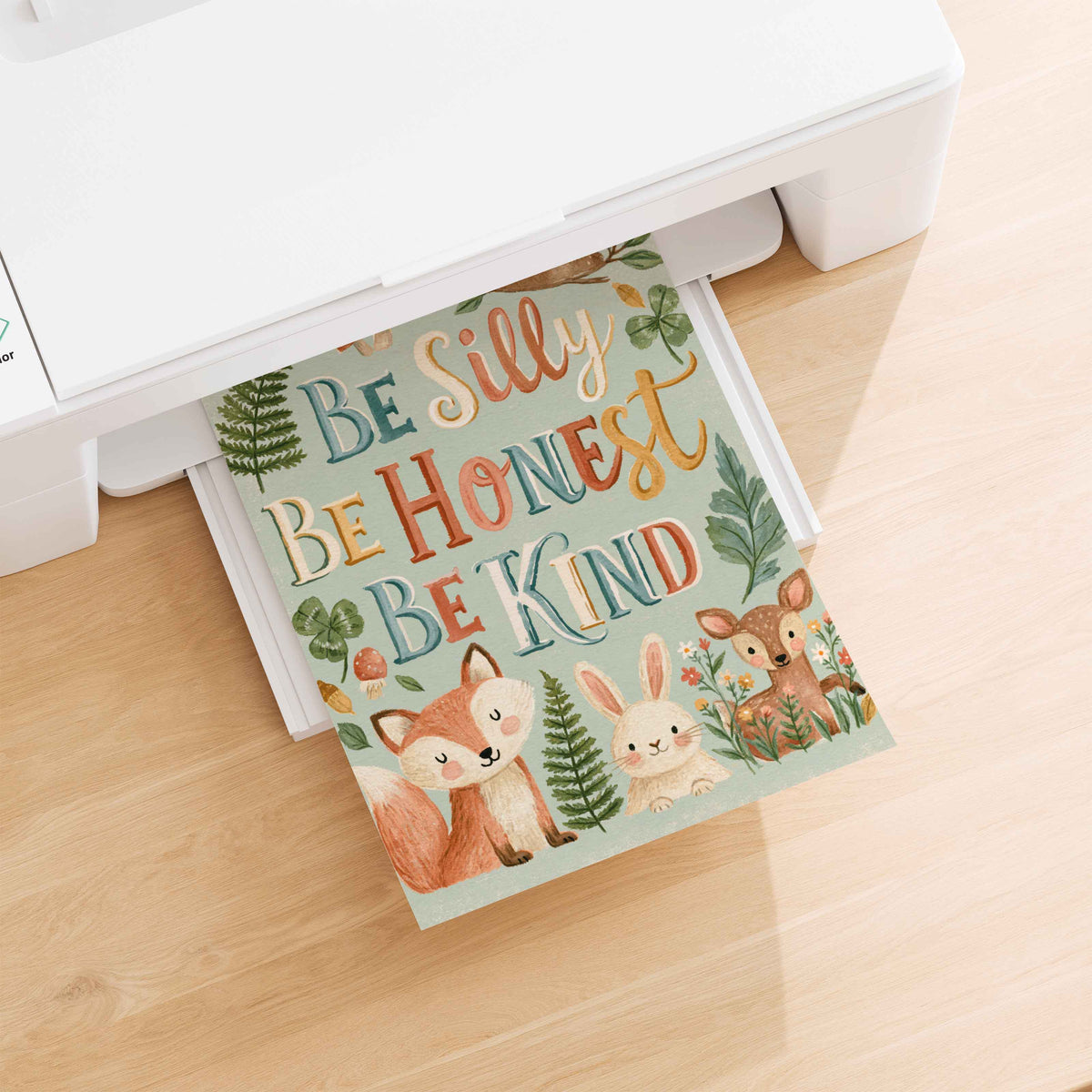 Retro woodland animal print in rust, mustard and teal on sage