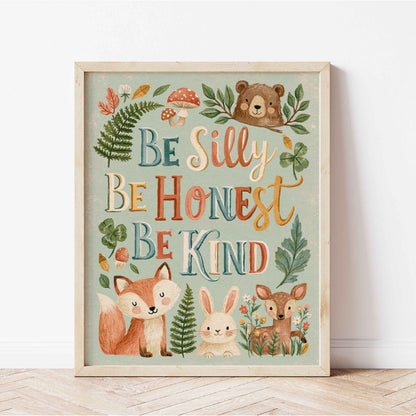 Retro wall art with ferns, clovers and red toadstools