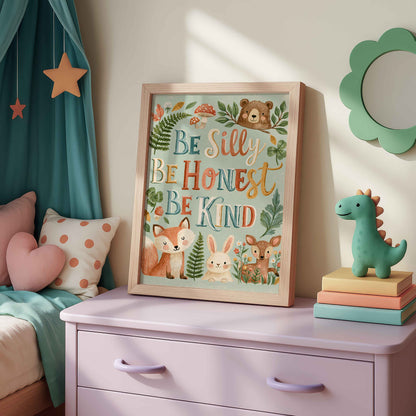 Retro woodland animal wall art with three short rules in colorful type