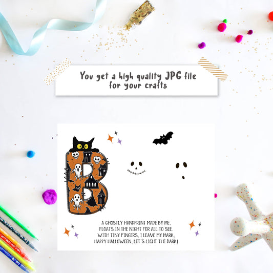 Toddler BOO handprint art template with black cat and poem for Halloween