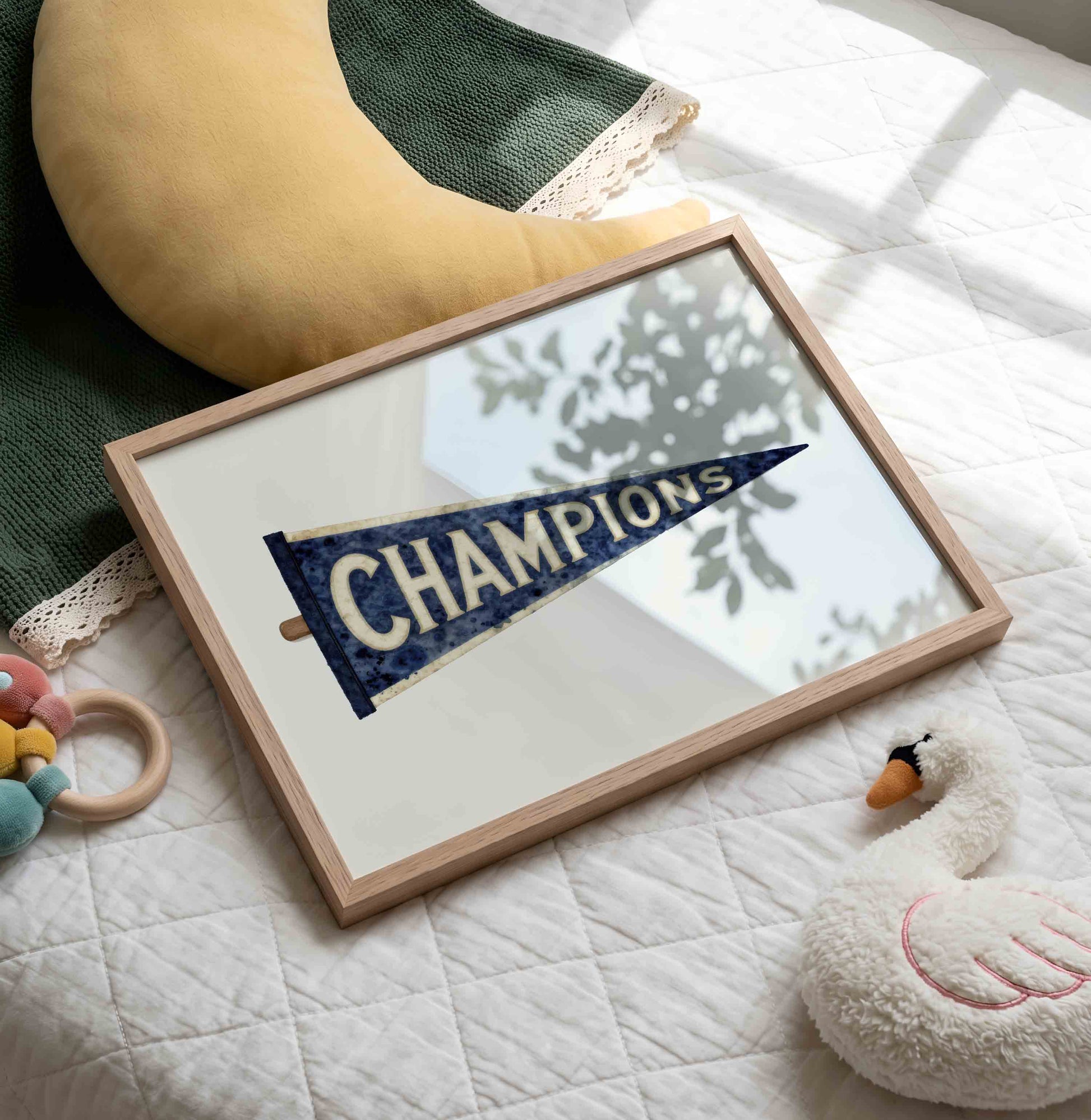 Champions pennant watercolor print styled for a vintage baseball nursery room
