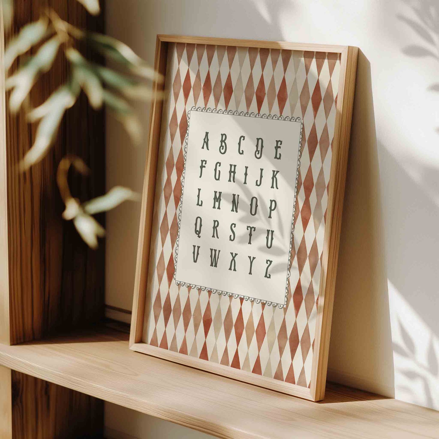 Circus alphabet chart print on harlequin background for a vintage nursery room