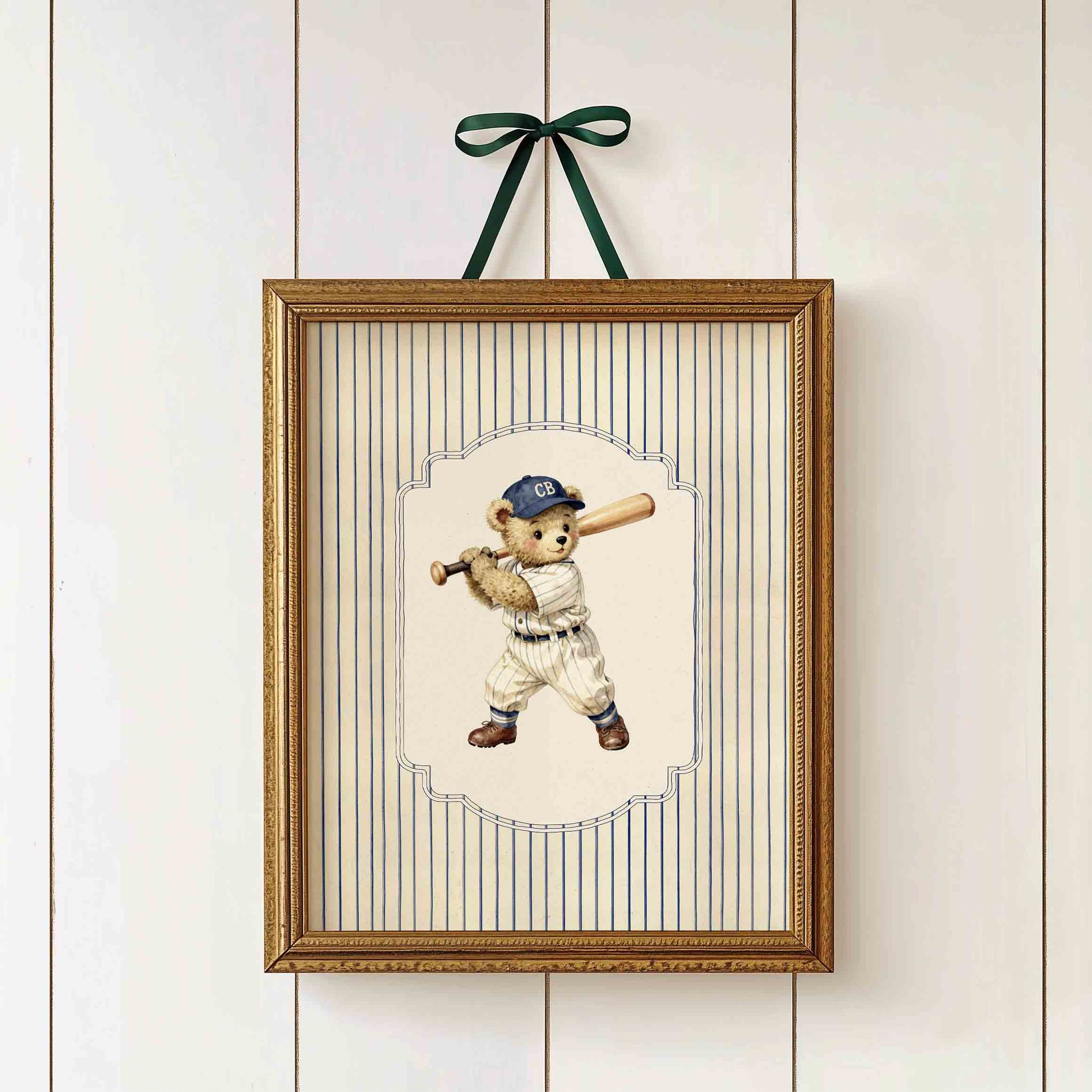 Classic American baseball bear print for a vintage boys nursery gallery wall