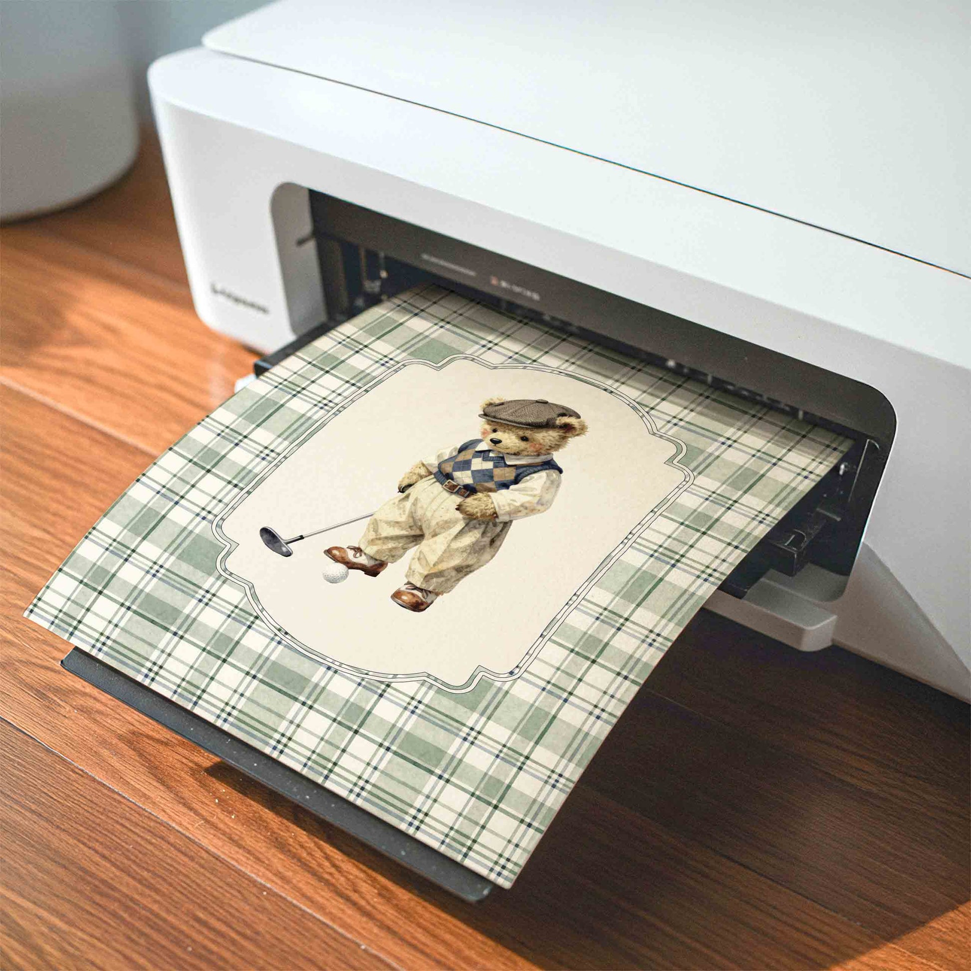 Classic teddy bear golf print in sage plaid for a preppy baby boy nursery gallery wall
