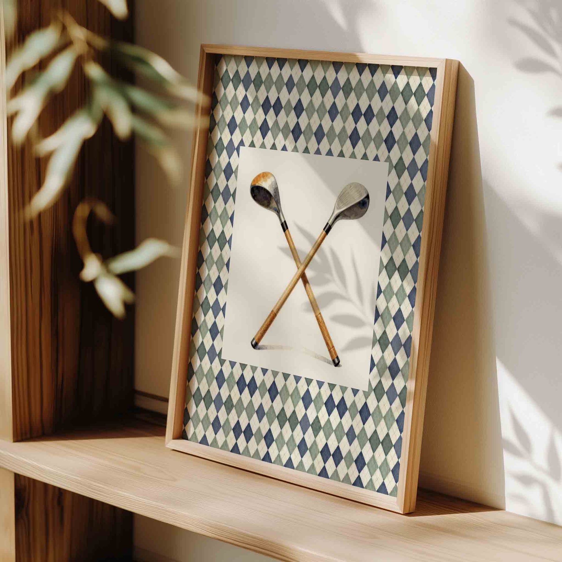 Crossed golf clubs print on houndstooth plaid styled on wood for a boys nursery room