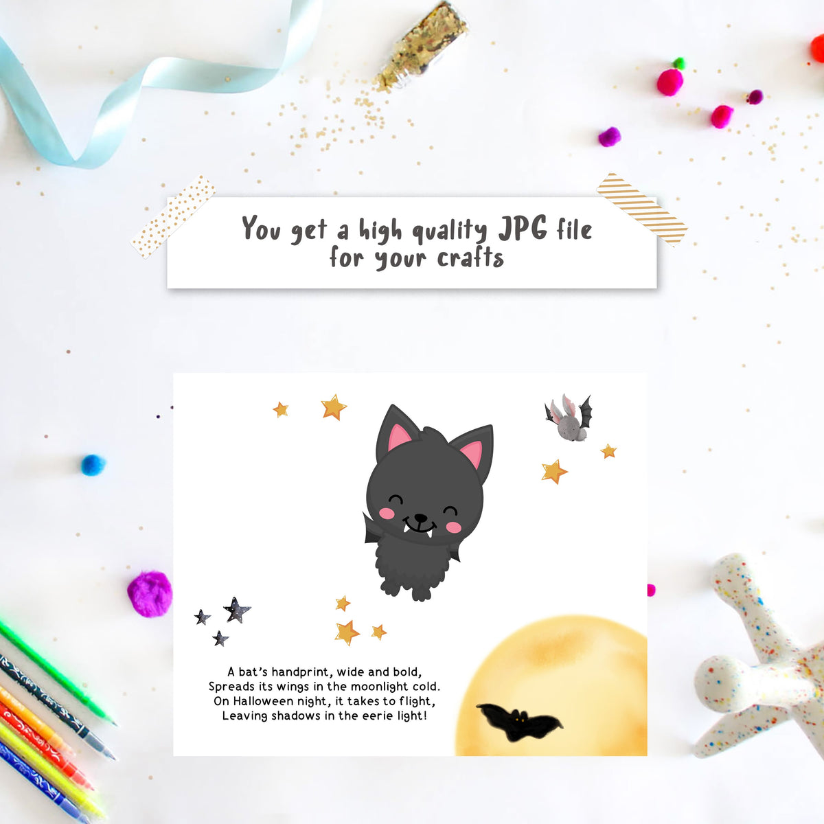 Toddler bat handprint art template with full moon and poem for Halloween