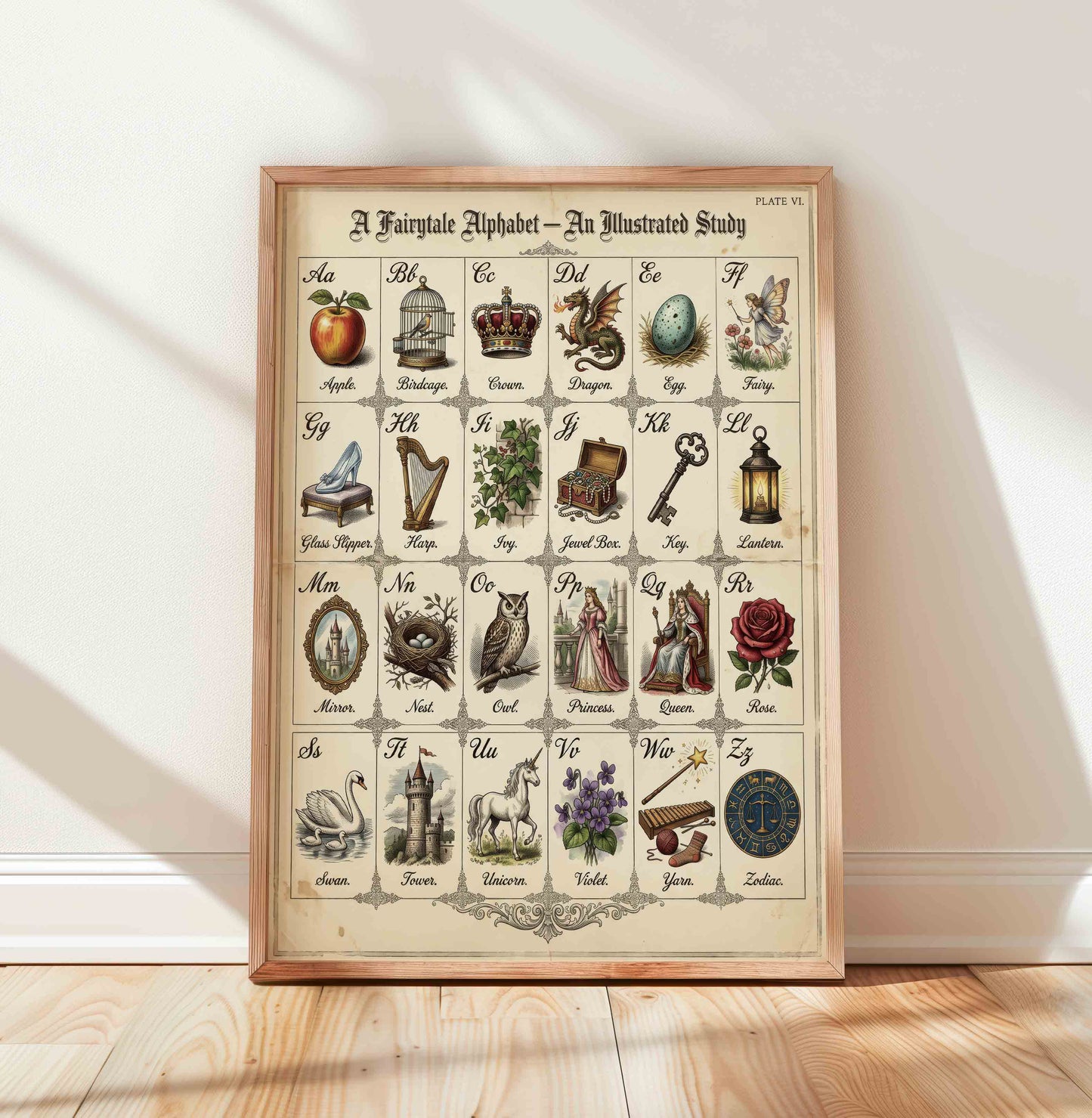 Fairytale alphabet illustrated chart print for a vintage princess nursery room